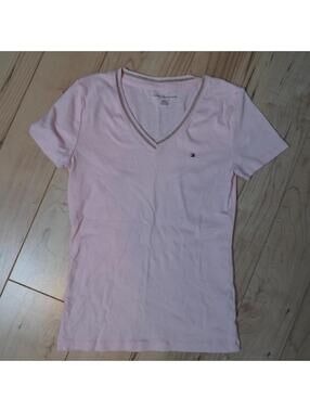 Tommy Hilfiger Baby Pink V Neck Metallic Trim Embroidered Logo Preppy Y2K S